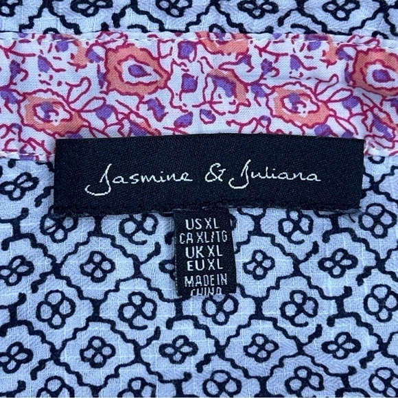 XL JASMINE AND JULIANA WHITE BLACK GEOMETRIC PRINT BOHO LONG SLEEVE TOP - Picture 10 of 12